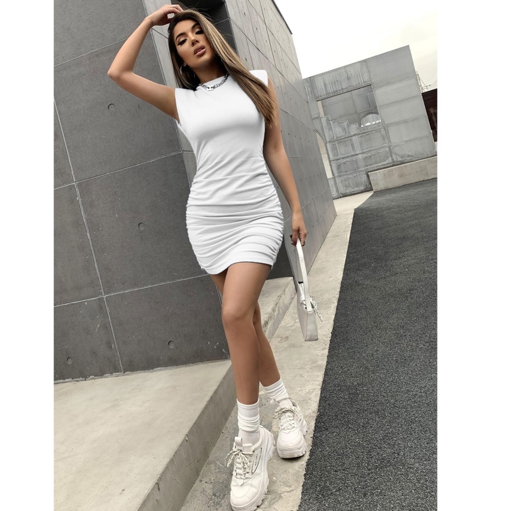 Shoulder Pad White Ruched Casual Mini Dress - Picture 2 of 10